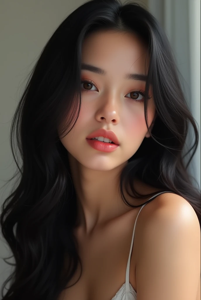 long black wavy hair, hazel eyes, plump lips.