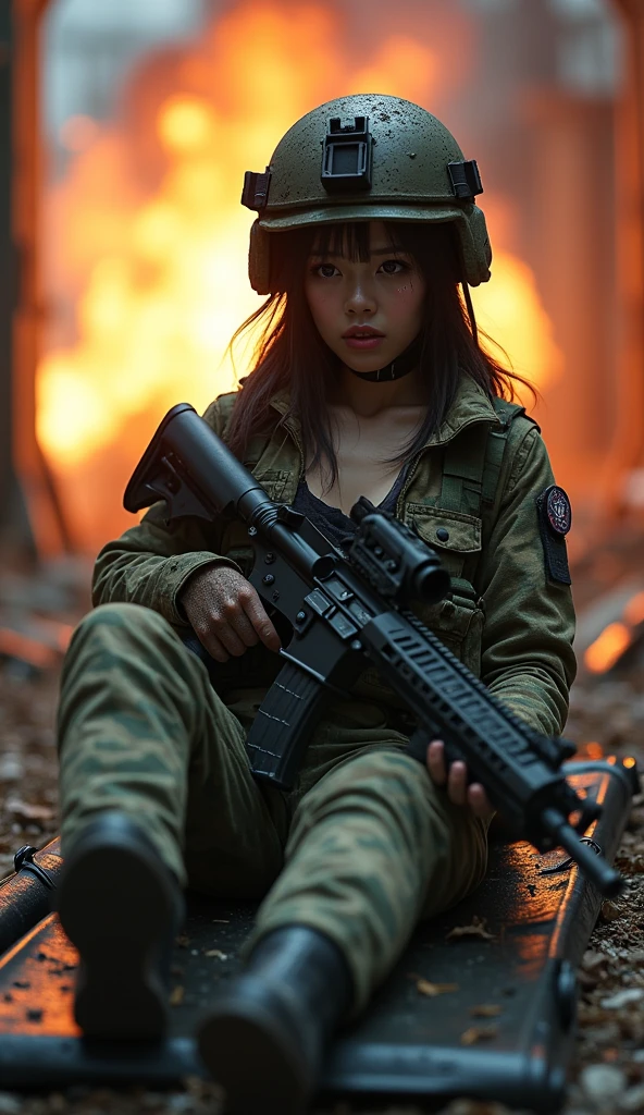 Photo-realistic, ultra-realistic, (very beautiful Japanese, famous Japanese idol:1.3), (Fully equipped for battle:1.5), holding m4a1 large assault rifle, (amazing view of massive explosion:1), (painful impressions, crying:1.3), (wearing an army soldier's Camouflage outfits with military helmet:1.5), (at a battle field of Abandoned Building at night), very large breasts, (tactical vest, military harness:1.3), (military long boots:1), dynamic angle, spectacular, (injured, lying on a stretcher:1.3), (muddied, damaged wears, damaged body:1.3),