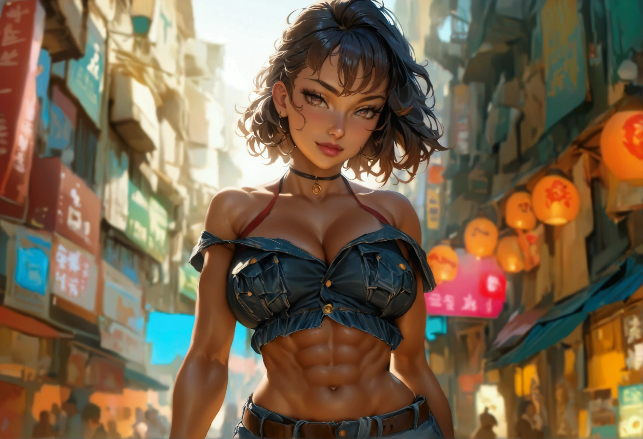 1girl,milf,,dark_skinned,wide waist size,tomboy,street fashion,short hair,morning_hair,smirk,abs,wide_hips,cowboy_shot,brown_skinned,midriff,teeniika,forehead,center_position,solo_female,wide_waist,curvy_waist,thick,solo_focus,solo,standing,curvy,(masterpiece,UHD,4K,best quality),,curvy_figure,midriff,navel,hot_pants,mole_under_mouth,mole,nijisuper,realistic,photorealistic