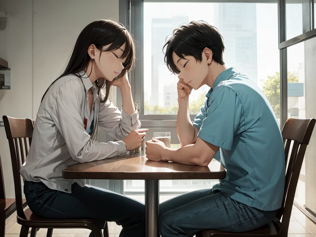 High resolution, One person, One person, Sit on chairs facing each other、table、The boy closed his eyes、I'm embarrassed、