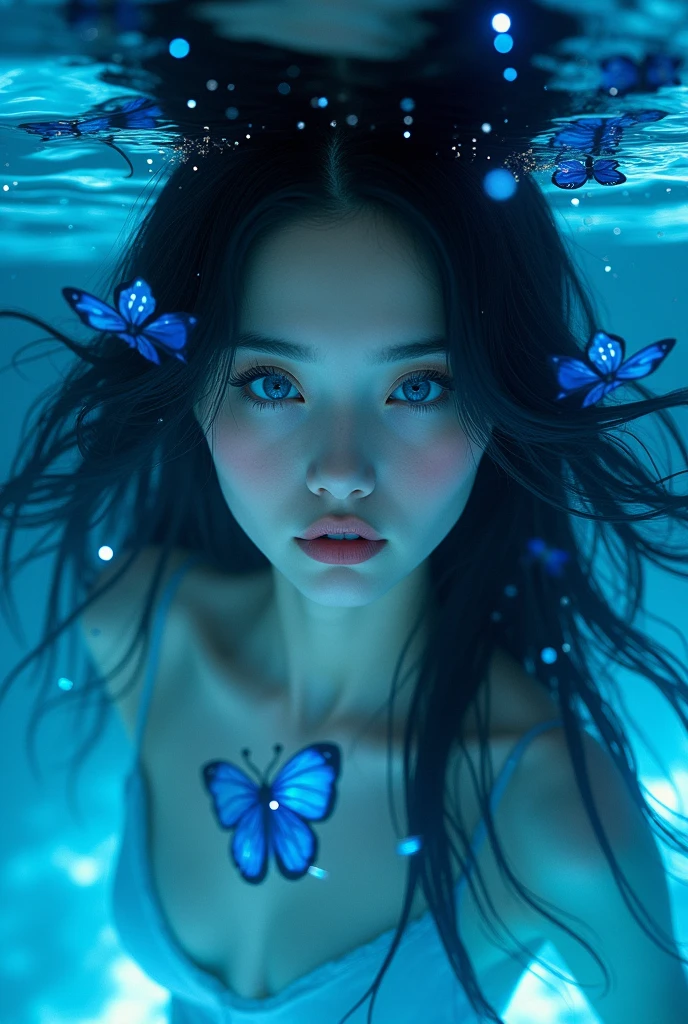A realistic image of a woman, with very blue eyes, black hair, super pretty, in magical crystal clear blue waters, phosphorescent blue light, and blue crystal butterflies around