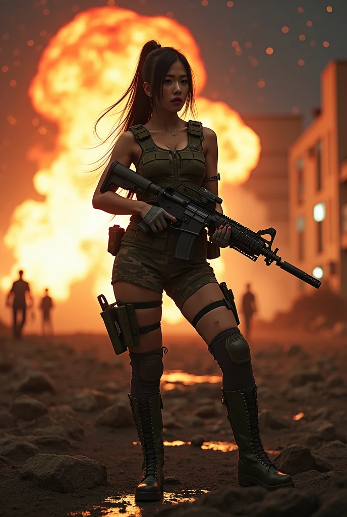 Photo-realistic, ultra-realistic, (very beautiful Japanese, famous Japanese idol:1.3), (Fully equipped for battle:1.5), m4a1 large assault rifle, (amazing view of massive explosion:1), (painful impressions, crying:1.3), (wearing an army soldier's Camouflage outfits with military helmet:1.5), (at a battle field of Abandoned Building at night), very large breasts, (tactical vest, military harness:1.3), (military long boots:1), dynamic angle, spectacular, (injured, lying on a stretcher:1.3), (muddied, damaged wears, damaged body:1.3),