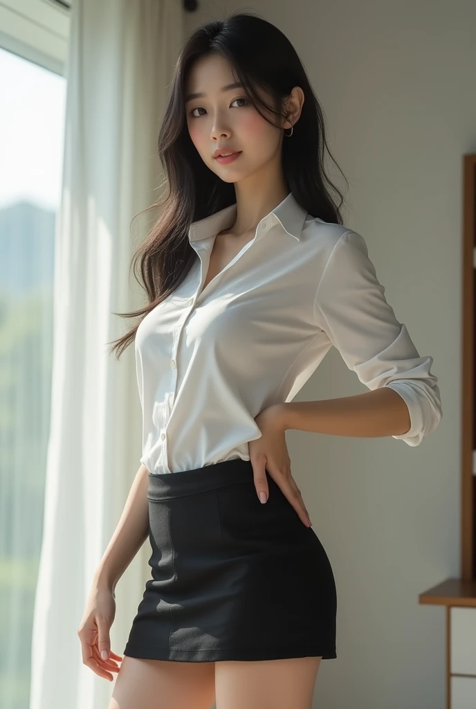 Japanese woman, beautiful, fair-skinned, good figure, in a tight shirt and a short skirt.