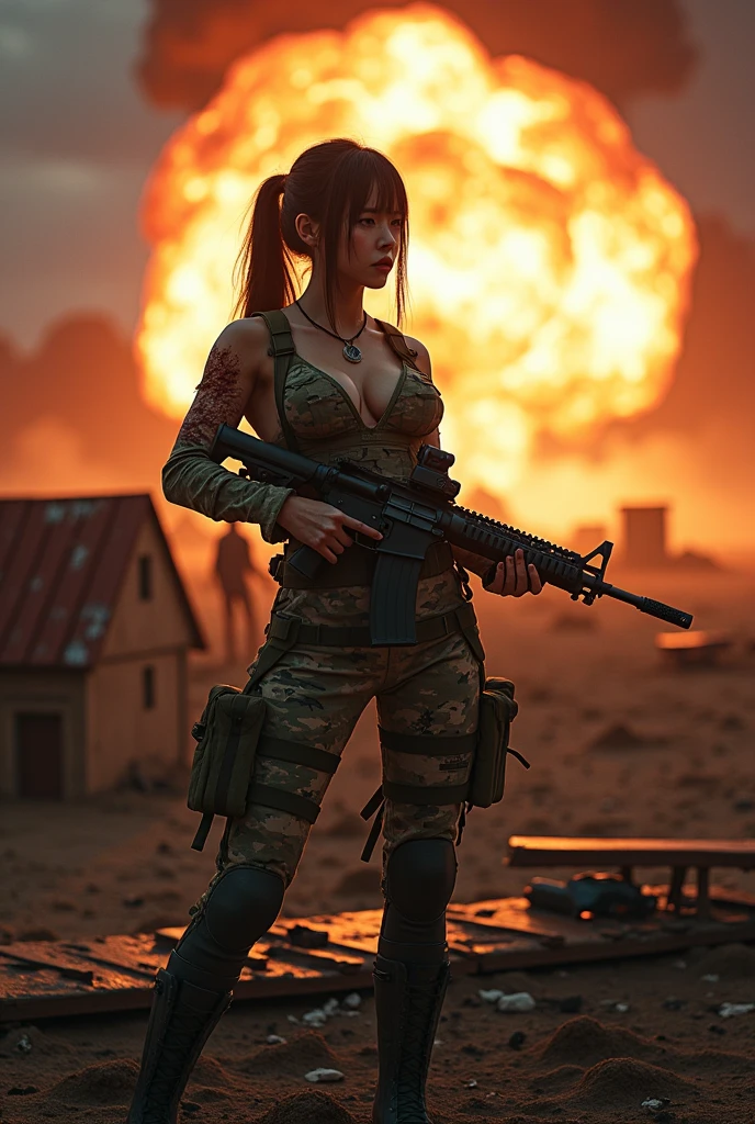 Photo-realistic, ultra-realistic, (very beautiful Japanese, famous Japanese idol:1.3), (Fully equipped for battle:1.5), m4a1 large assault rifle, (amazing view of massive explosion:1), (painful impressions, crying:1.3), (wearing an army soldier's Camouflage outfits with military helmet:1.5), (at a battle field of Abandoned Building at night), very large breasts, (tactical vest, military harness:1.3), (military long boots:1), dynamic angle, spectacular, (injured, lying on a stretcher:1.3), (muddied, damaged wears, damaged body:1.3),