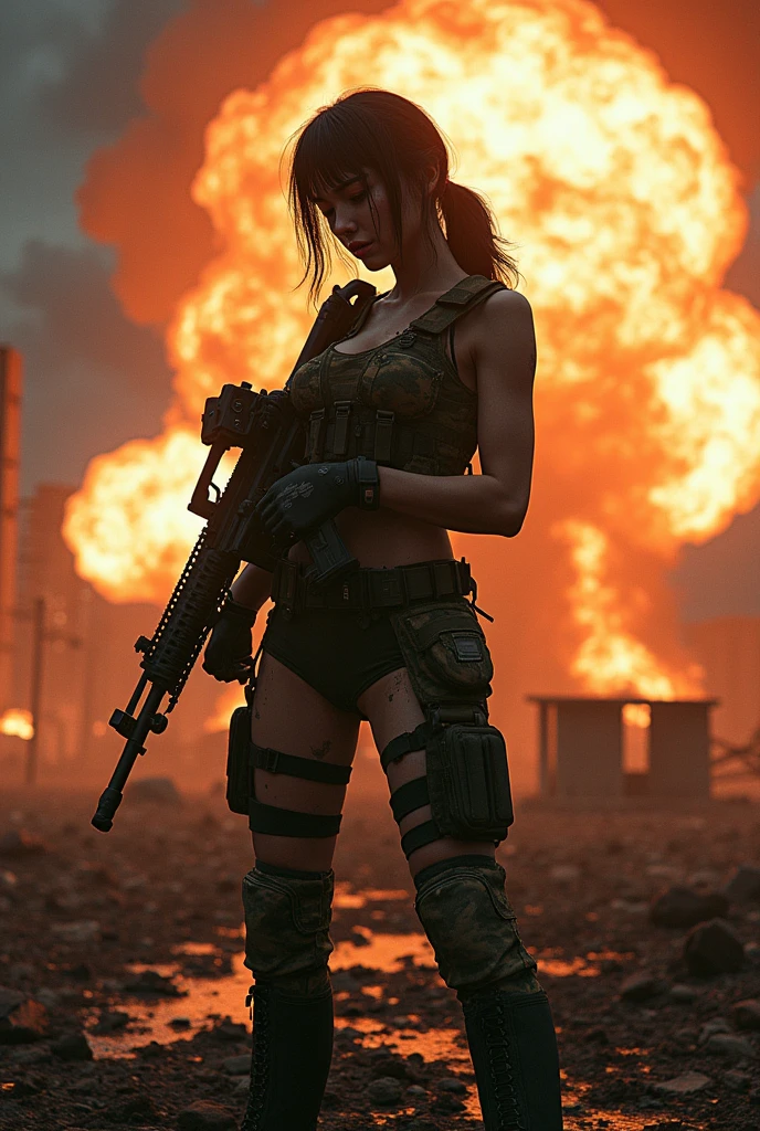 Photo-realistic, ultra-realistic, (very beautiful Japanese, famous Japanese idol:1.3), (Fully equipped for battle:1.5), m4a1 large assault rifle, (amazing view of massive explosion:1), (painful impressions, crying:1.3), (wearing an army soldier's Camouflage outfits with military helmet:1.5), (at a battle field of Abandoned Building at night), very large breasts, (tactical vest, military harness:1.3), (military long boots:1), dynamic angle, spectacular, (injured, lying on a stretcher:1.3), (muddied, damaged wears, damaged body:1.3),