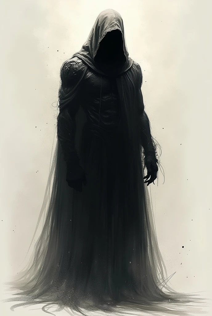 Main Figure: Drawn as a shadow or sketch, with a long coat and hood, no visible face.cast shadow: muscular, without shelter, with an aggressive look and intense expression, similar to the fall of Lucifer. tattoo sketch 