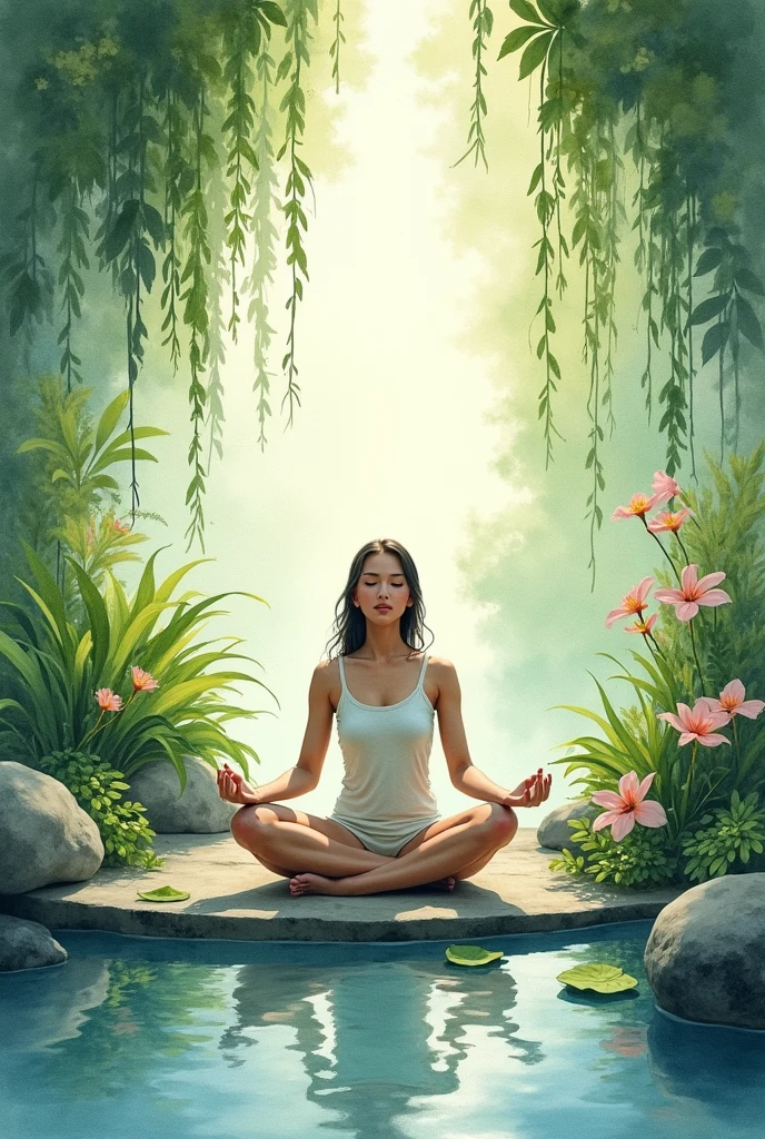 watercolor art person doing meditation in a garden
