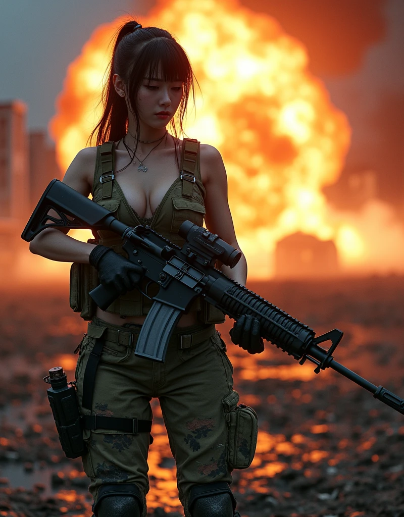 Photo-realistic, ultra-realistic, (very beautiful Japanese, famous Japanese idol:1.3), (Fully equipped for battle:1.5), holding m4a1 large assault rifle, (amazing view of A building and tank destroyed by a missile explosion:1), (she is very scared and crying:1), (wearing an army soldier's Camouflage outfits with military helmet:1.5), (at a battle field of Abandoned Building at night), very large breasts, (tactical vest, military harness:1.3), (military long boots:1), acrobatic pose, Fighting urban warfare, dynamic angle, spectacular, Nimble movements, Sharp turns, (aim and shoot:1.3), bloodstained wears, injured 