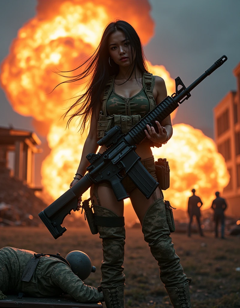 Photo-realistic, ultra-realistic, (very beautiful Japanese, famous Japanese idol:1.3), (Fully equipped for battle:1.5), m4a1 large assault rifle, (amazing view of massive explosion:1), (painful impressions, crying:1.3), (wearing an army soldier's Camouflage outfits with military helmet:1.5), (at a battle field of Abandoned Building at night), very large breasts, (tactical vest, military harness:1.3), (military long boots:1), dynamic angle, spectacular, (injured, lying on a stretcher:1.3), (muddied, damaged wears, damaged body:1.3),
