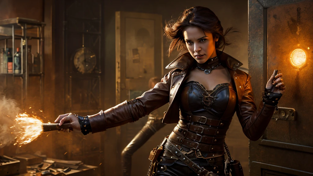 Tenebrism oil painting of a cunning young rogue in leather steampunk attire. Focus on her hands as she deftly breaks open a safe in the bank. The scene is in sfumato, chiaroscuro, and impasto thick brush style, with atmospheric perspective and dramatic lighting.