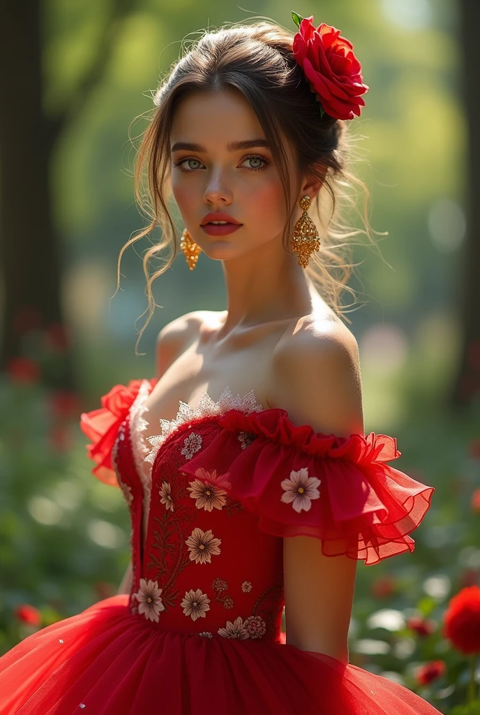 Woman Jennifer connelly Young 20 years old model long hair Brow bun with red rose in hair n blue eyes dress red ballet flamenco sevillana ruffles white lace long gold earrings in park