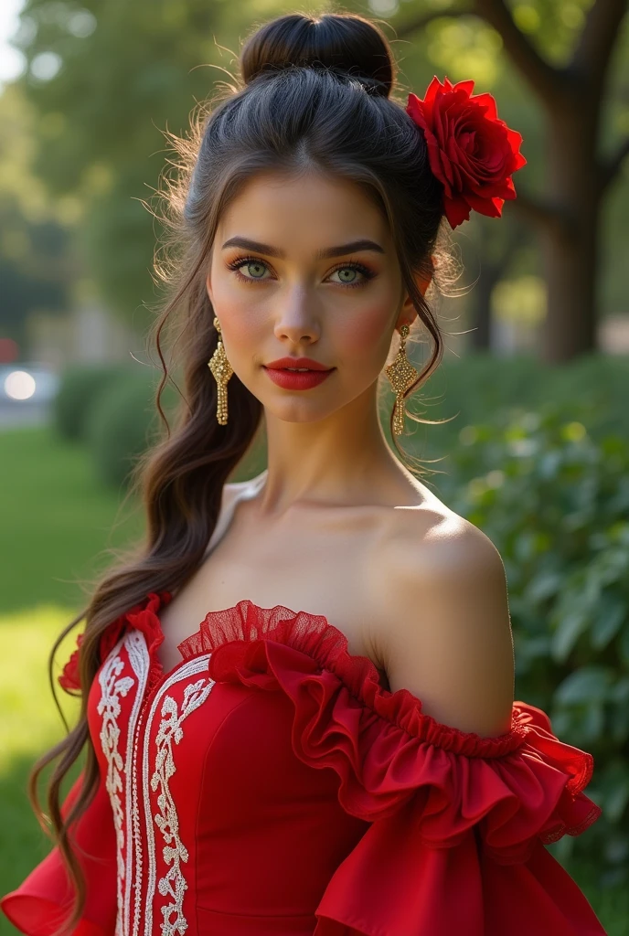 Woman Jennifer connelly Young 20 years old model long hair Brow bun with red rose in hair n blue eyes dress red ballet flamenco sevillana ruffles white lace long gold earrings in park