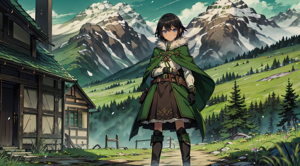 yuichiro hyakuya girl, (WithoutFear:1), 1 girl, black hair, green eyes, brown coat, gray armor, elves, sylvan, green shield, green cloak, dark brown gloves, forest, white fur trim, anime, standing, good quality, portrait, looking at viewer