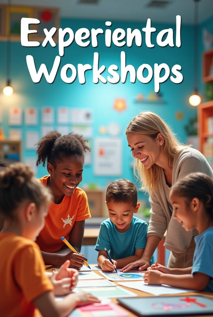 create a book cover with an image of kindergarten teachers at school and a header topic Experiential workshops Living learning spaces and a header