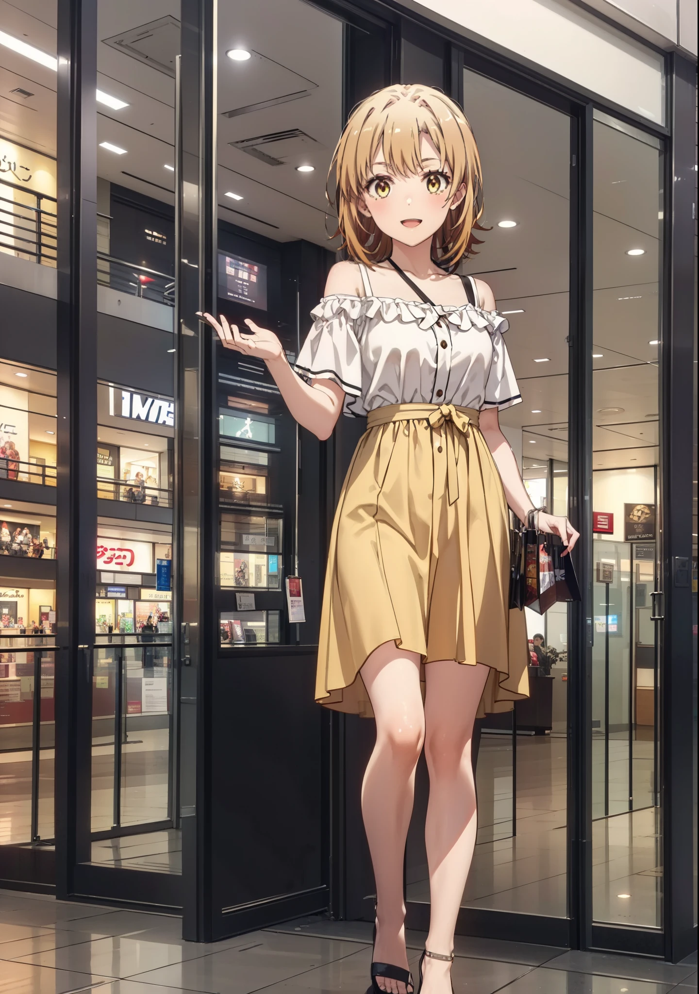 Irohaisshiki, isshiki iroha, short hair, Brown Hair, (Brown eyes:1.5), smile,Open your mouth,smile,Off-the-shoulder yellow dress,mini skirt,Cute heeled sandals,Walking,whole bodyがイラストに入るように,
break indoors,Shopping mall, 
break looking at viewer,whole body,
break (masterpiece:1.2), Highest quality, High resolution, unity 8k wallpaper, (figure:0.8), (Beautiful attention to detail:1.6), Highly detailed face, Perfect lighting, Highly detailed CG, (Perfect hands, Perfect Anatomy),