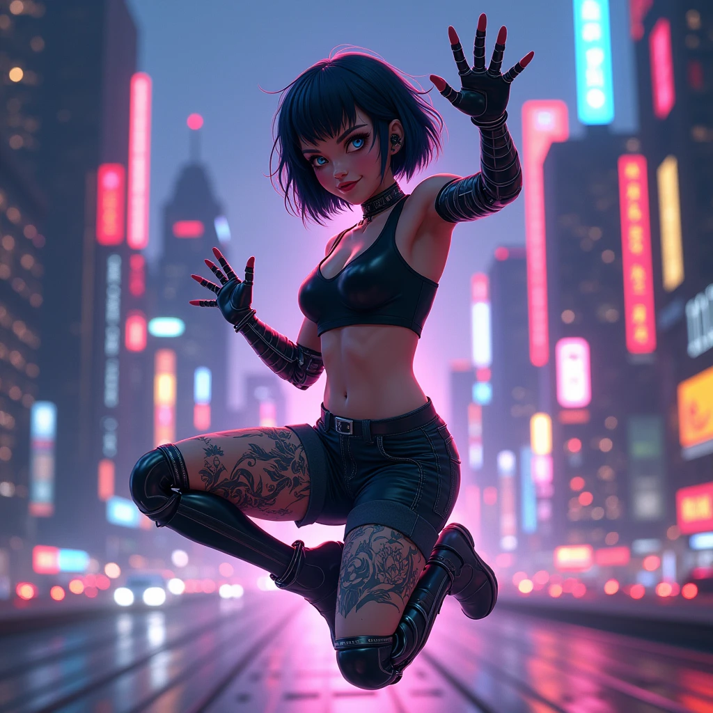 1 cyberpunk girl, wink, short hair, robotic arm, tattoo on a large part of the body , jumping pose ,big cyberpunk city at night in background, detail richness, masterpiece, best quality, explosion of flashy colors