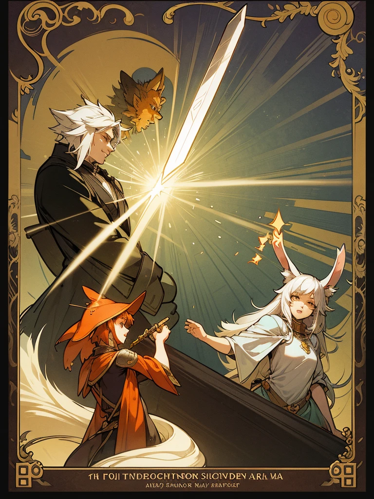 (Mucha style:0.8) , furry , Adventure fantasy, the magician old silver wolf , with the droopy-eared swordsman orange rabbit girl , The Swordsman supports the Magician while he is casting a spell.