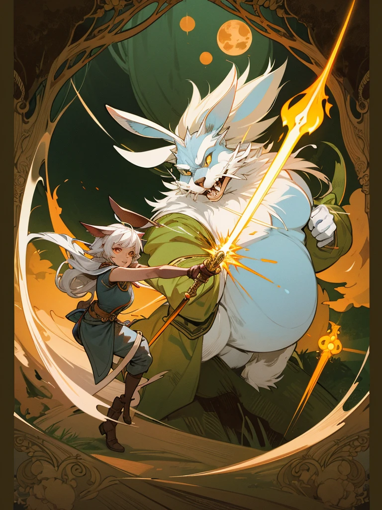 (Mucha style:0.8) , furry , Adventure fantasy, the magician old silver wolf , with the droopy-eared swordsman orange rabbit girl , The Swordsman supports the Magician while he is casting a spell.