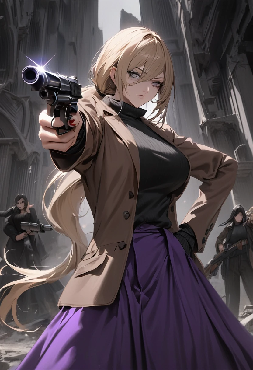 masterpiece), best quality, expressive eyes, perfect face, dark art, grey eyes, black sweater, long skirt, purple skirt, brown jacket, large breasts, bangs, blonde hair, karin funger, low ponytail, posing, posing with a pistol in her hand, aiming with her pistol, mauser pistol, epic composition, , holding gun, handgun, hand in pocket, aiming, holding weapon, determined face, determined eyes, pointing gun at you, pointing with gun, aiming gun at you