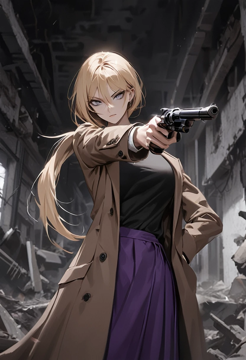 masterpiece), best quality, expressive eyes, perfect face, dark art, grey eyes, black sweater, long skirt, purple skirt, brown jacket, large breasts, bangs, blonde hair, karin funger, low ponytail, posing, posing with a pistol in her hand, aiming with her pistol, mauser pistol, epic composition, , holding gun, handgun, hand in pocket, aiming, holding weapon, determined face, determined eyes, pointing gun at you, pointing with gun, aiming gun at you
