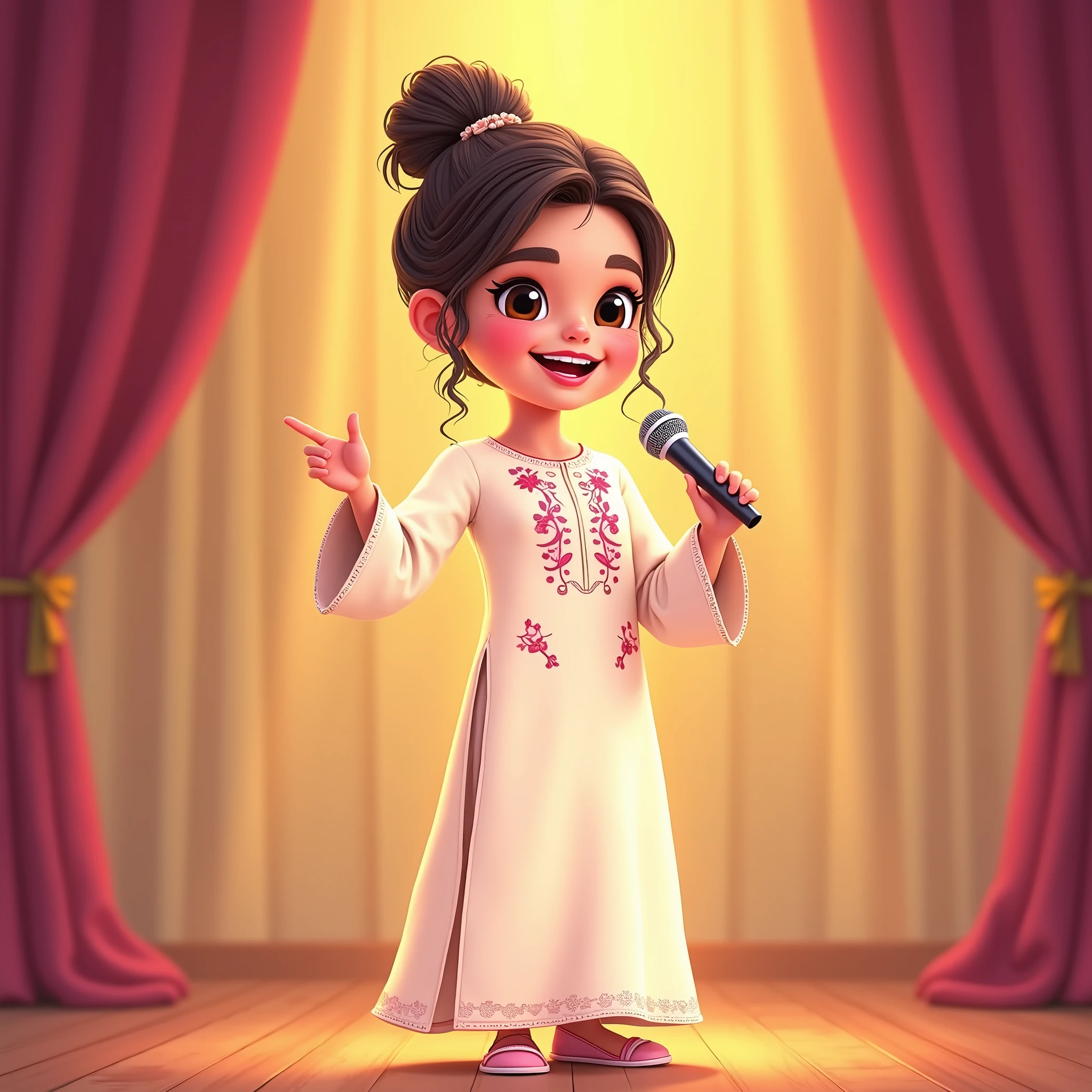 Lily, (highest quality, 4k, masterpiece:1.3), A young Pakistani Muslim girl wearing a traditional cream shalwar kameez with pink floral embroidery. Her hair is styled in a neat bun with loose strands framing her face, as seen in previous images. She points the microphone towards the audience with one hand, smiling brightly. The image is in a 2D animation style, with bright colors, cartoonish features, and soft, smooth shading. The background shows soft curtains, warm stage lighting, and a playful, joyful atmosphere. Clear outlines, simple textures, and an illustrated, digital painting look. (Cream shalwar kameez, pink floral embroidery, consistent outfit:1.3), (same hairstyle as before:1.3), (microphone in hand:1.3), (microphone always visible:1.3)