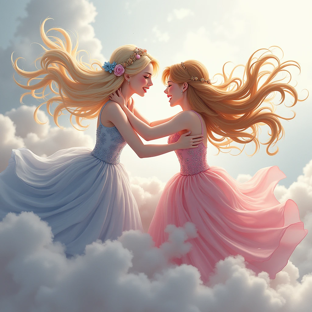 a princess fighting playfully with another princess in a comical, wispy gray battle cloud, elegant flowing hair, detailed facial features, energetic and humorous wrestling poses, whimsical and exaggerated battle cloud, colorful and vibrant, (best quality,4k,8k,highres,masterpiece:1.2),ultra-detailed,(realistic,photorealistic,photo-realistic:1.37),dynamic composition, vibrant colors, dramatic lighting, fantasy anime style