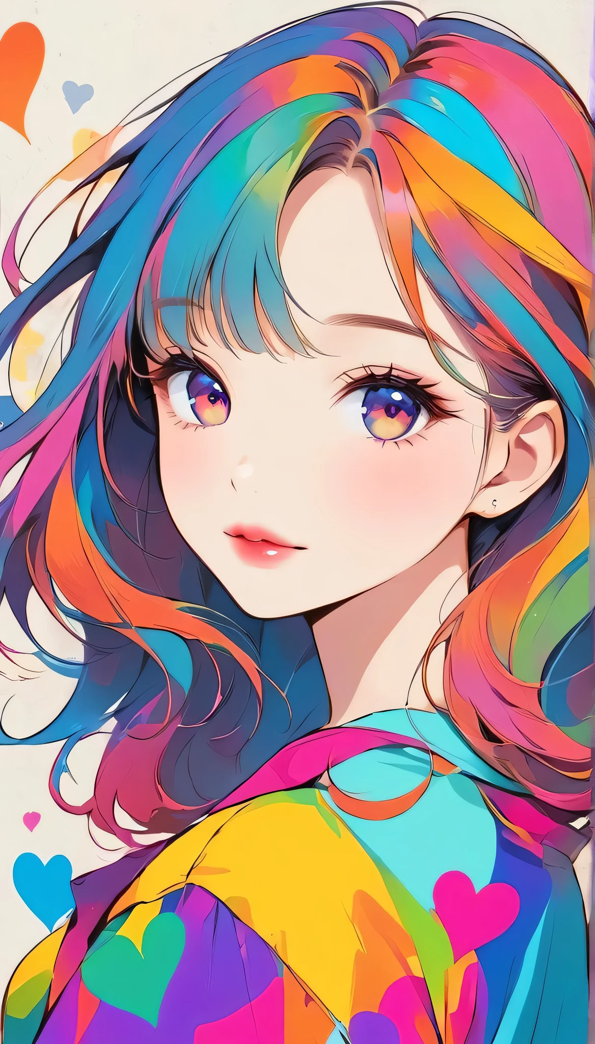Micho colorful style, Simple Line Initialism,Abstract art,Urban Background, (((The most beautiful girl of all time))), Sweet face. Lips in love, colorful hearts, stylish design