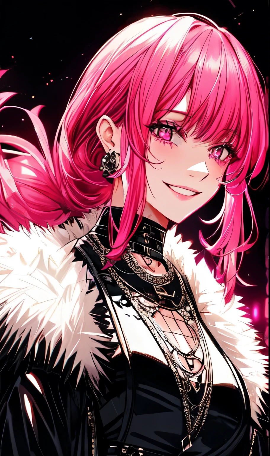 A beautiful gothic woman with long hot pink hair (haircut with bangs and ponytail), Latin eyes, smiling sweetly, wearing a stylish cyberpunk neon pink dress and a long fur jacket, Empty background of candlelit medieval street