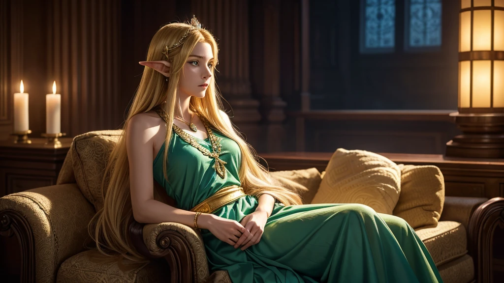 "An intimate scene featuring Link and Princess Zelda from The Legend of Zelda, standing close and facing each other. Link, with his slightly longer golden hair flowing freely, is dressed in his green tunic, the Master Sword resting at his side. He gazes deeply into Zelda's eyes, his expression softening with warmth and understanding. Zelda, wearing her royal gown adorned with intricate golden embroidery, stands tall and graceful, her long blonde hair cascading over her shoulders. Her hands are gently clasped in front of her, and her deep, violet eyes reflect a mixture of strength and tenderness as she returns Link's gaze. The background is softly blurred, emphasizing the connection between the two, as if time itself has paused to capture this moment of quiet, unspoken bond between the hero and the princess."