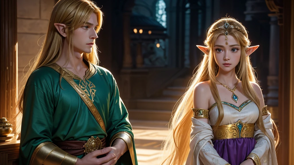 "An intimate scene featuring Link and Princess Zelda from The Legend of Zelda, standing close and facing each other. Link, with his slightly longer golden hair flowing freely, is dressed in his green tunic, the Master Sword resting at his side. He gazes deeply into Zelda's eyes, his expression softening with warmth and understanding. Zelda, wearing her royal gown adorned with intricate golden embroidery, stands tall and graceful, her long blonde hair cascading over her shoulders. Her hands are gently clasped in front of her, and her deep, violet eyes reflect a mixture of strength and tenderness as she returns Link's gaze. The background is softly blurred, emphasizing the connection between the two, as if time itself has paused to capture this moment of quiet, unspoken bond between the hero and the princess."