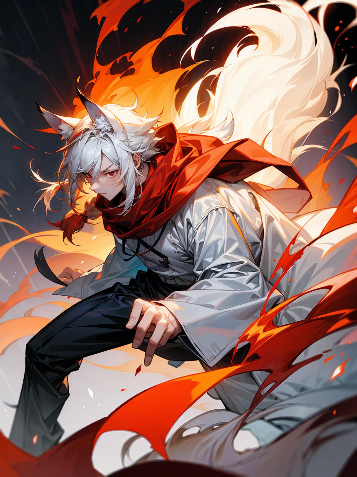 1male, Adult, Long White Hair, White Baggy Long Sleeve Shirt, Baggy Black Pants, Red Eyes, Red Scarf, Earring, Masculine, Dog Ears, Surrounded By Flames, Wolf, Single Hair Braid, Flaming Ears
