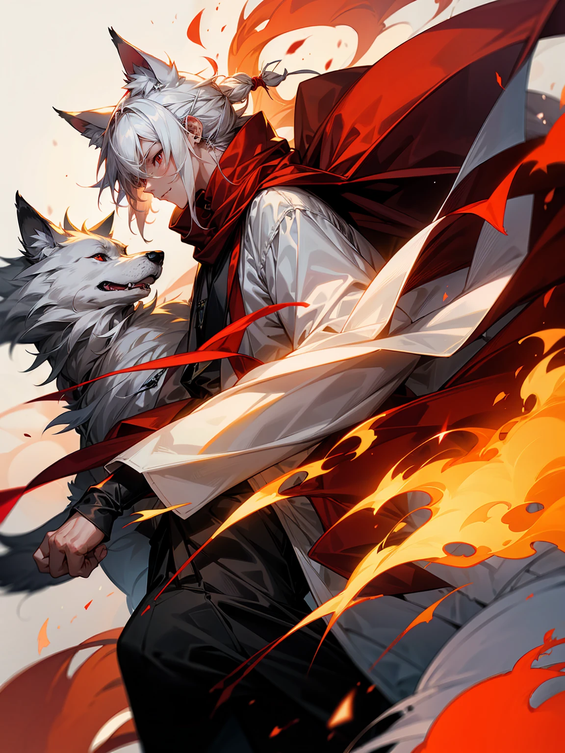 1male, Adult, Long White Hair, White Baggy Long Sleeve Shirt, Baggy Black Pants, Red Eyes, Red Scarf, Earring, Masculine, Dog Ears, Surrounded By Flames, Wolf, Single Hair Braid, Flaming Ears
