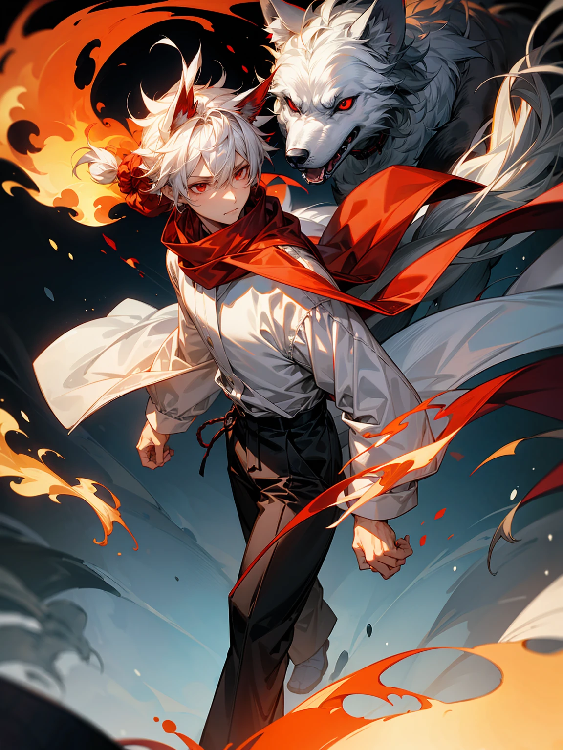 1male, Adult, Long White Hair, White Baggy Long Sleeve Shirt, Baggy Black Pants, Red Eyes, Red Scarf, Earring, Masculine, Dog Ears, Surrounded By Flames, Wolf, Single Hair Braid, Flaming Ears