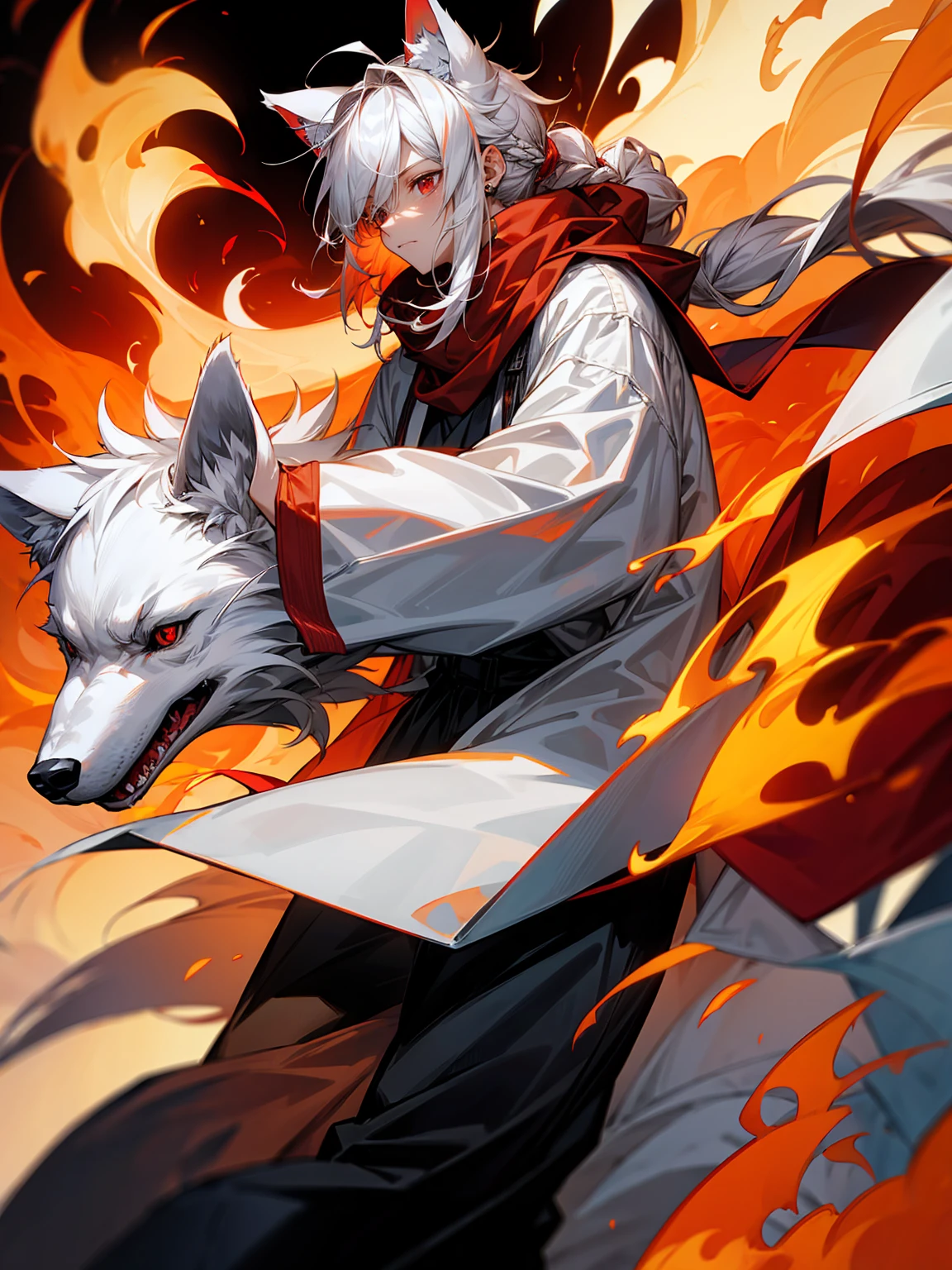 1male, Adult, Long White Hair, White Baggy Long Sleeve Shirt, Baggy Black Pants, Red Eyes, Red Scarf, Earring, Masculine, Dog Ears, Surrounded By Flames, Wolf, Single Hair Braid, Flaming Ears