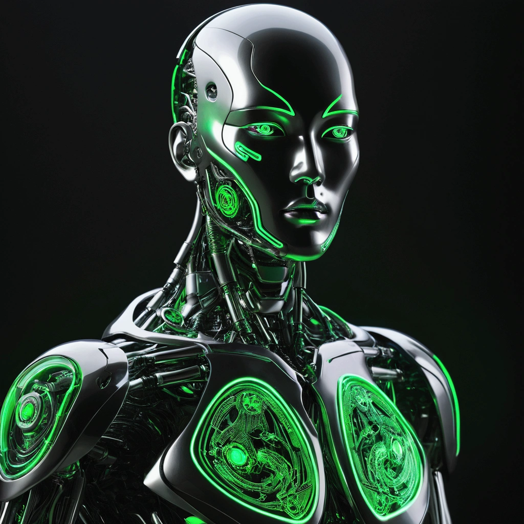 Handsome Korean human half robot body parts, Body parts inscribed “Avesa” with modern art touch and green neon effect
