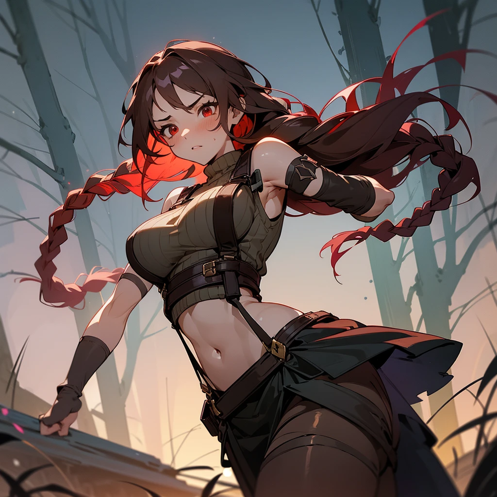 1female, sexy, big breast, young adult, finely detailed red eyes, wild long hair, braided hair, dark brown color hair, adventurer gear, suspenders, sleeveless crop top sweater, baggy combat skirt, night time, dark forest, somber expression, flowers, blushing, standing on path, lanturns, black armband, mma gloves