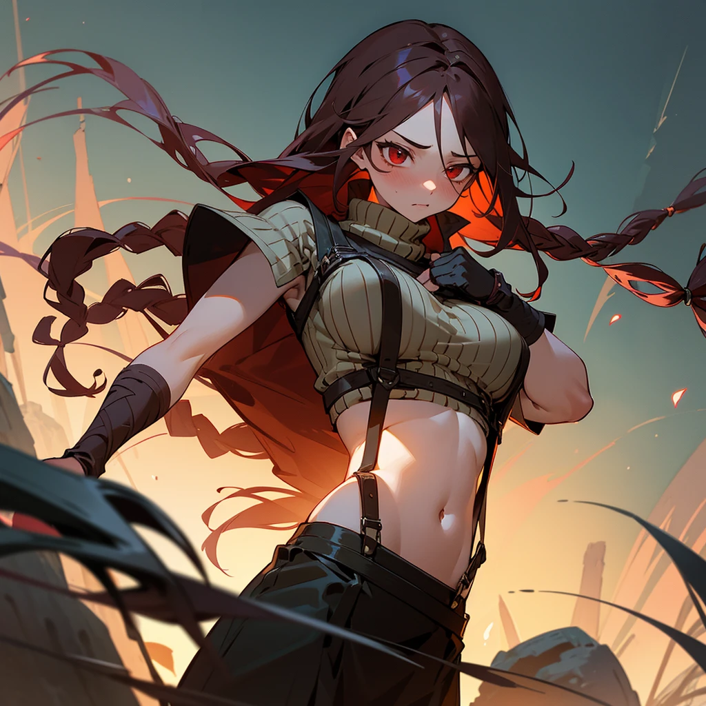1female, sexy, big breast, young adult, finely detailed red eyes, wild long hair, braided hair, dark brown color hair, adventurer gear, suspenders, sleeveless crop top sweater, baggy combat skirt, night time, dark forest, somber expression, flowers, blushing, standing on path, lanturns, black armband, mma gloves