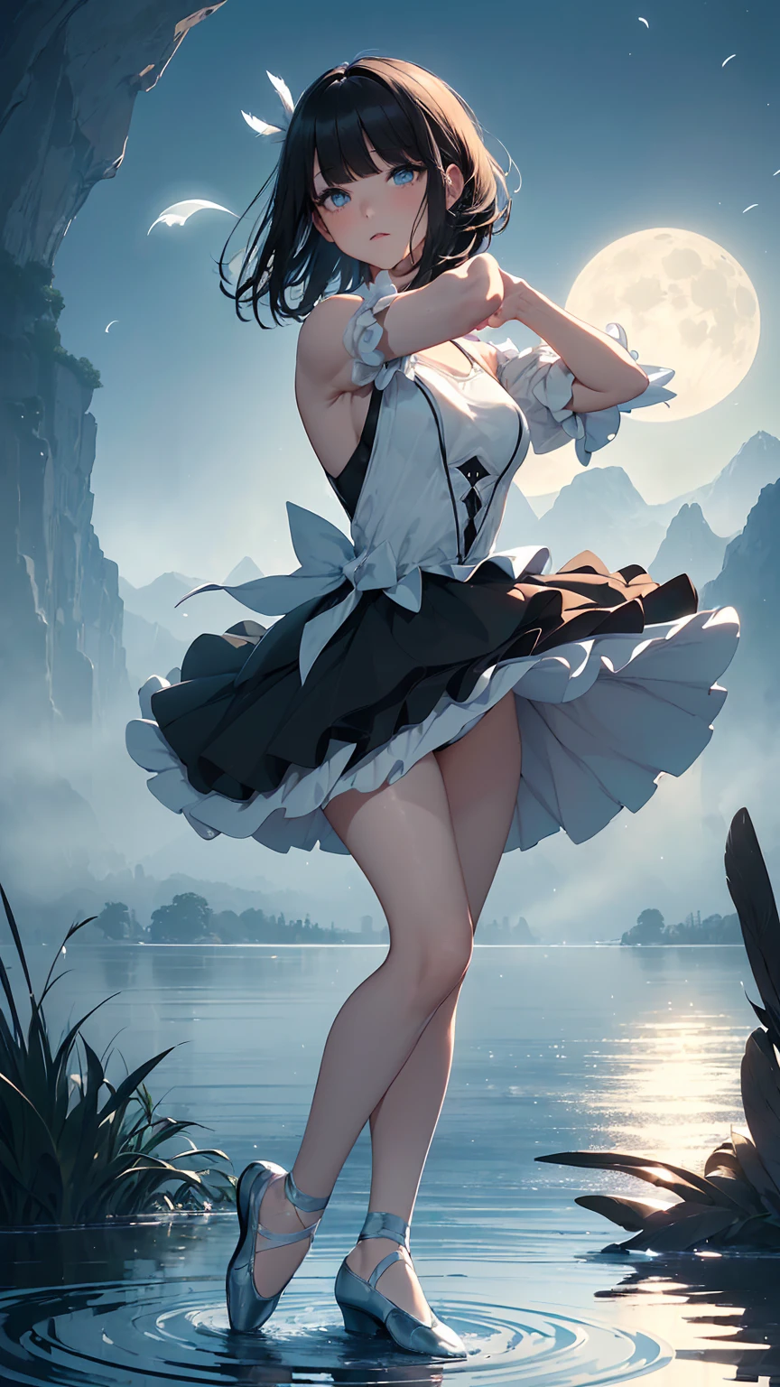Highest quality, flying debris、Beautiful woman、Black Hair、(Dark blue eyes、Blunt bangs、Blunt bangs)、short hair,Full Body Shot、((Black and blue theme))、Big Breasts 、(Ballet Dancer、Tutu skirt:1.2)、(Brown Hair、Brown eyes)、Long Hair、Magazine Style,Full Body Shot、The lake of swan、break(Gorgeous white and light blue ballet dress:1.2)、break((The lake of swan:1.2))、((night、full moon、The fog is thick.:1.2)),((Standing on the surface of the water,Dancing in the middle of the lake:1.2))、BREAK((feathers scatter:1.2))BREAK((Screen is dark:1.2))、((Dark theme、Darkness Aura:1.3))