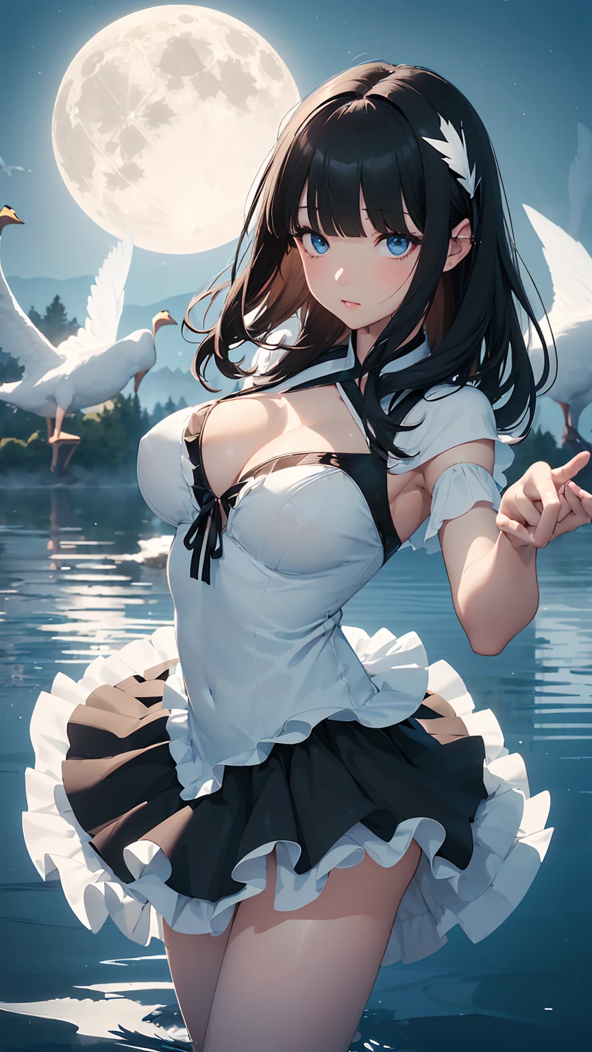 Highest quality, flying debris、Beautiful woman、Black Hair、(Dark blue eyes、Blunt bangs、Blunt bangs)、short hair,Full Body Shot、((Black and blue theme))、Big Breasts 、(Ballet Dancer、Tutu skirt:1.2)、(Brown Hair、Brown eyes)、Long Hair、Magazine Style,Full Body Shot、The lake of swan、break(Gorgeous white and light blue ballet dress:1.2)、break((The lake of swan:1.2))、((night、full moon、The fog is thick.:1.2)),((Standing on the surface of the water,Dancing in the middle of the lake:1.2))、BREAK((feathers scatter:1.2))BREAK((Screen is dark:1.2))、((Dark theme、Darkness Aura:1.3))
