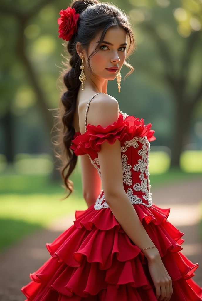 Woman Jennifer connelly Young 20 years old model long hair Brow bun with red rose in hair n blue eyes dress red ballet flamenco sevillana ruffles white lace long gold earrings in park 