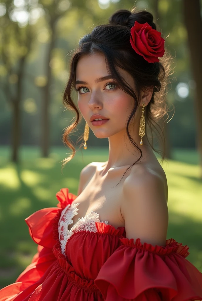 Woman Jennifer connelly Young 20 years old model long hair Brow bun with red rose in hair n blue eyes dress red ballet flamenco sevillana ruffles white lace long gold earrings in park