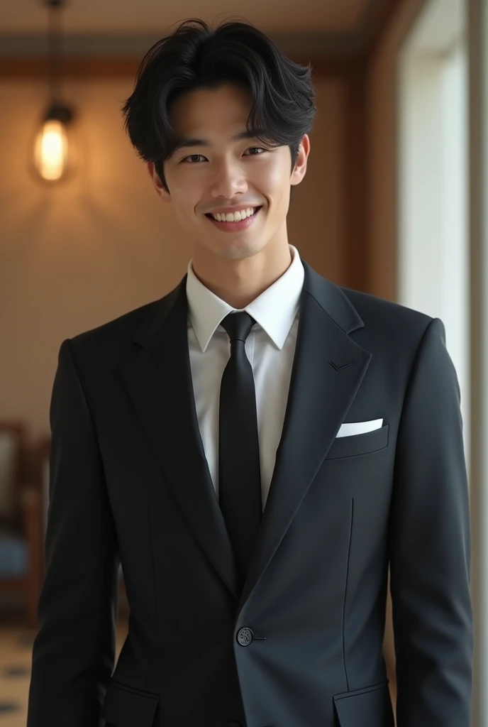 (Photorealistic:1.2、Highest quality、8k)、Looks like Sota Fukushi、Similar to Okada Masaki、Similar to Kentaro Sakaguchi、Beautiful Boy、smile、The most beautiful man in the world、Japanese high school boys、good looking、Beautiful face man、Japanese handsome man、Sporty body、suit、hotel lobby、