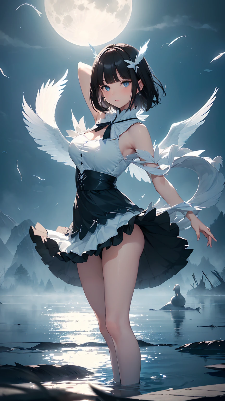 Highest quality, flying debris、Beautiful woman、Black Hair、(Dark blue eyes、Blunt bangs、Blunt bangs)、short hair,Full Body Shot、((Black and blue theme))、Big Breasts 、(Ballet Dancer、Tutu skirt:1.2)、(Brown Hair、Brown eyes)、Long Hair、Magazine Style,Full Body Shot、The lake of swan、break(Gorgeous white and light blue ballet dress:1.2)、break((The lake of swan:1.2))、((night、full moon、The fog is thick.:1.2)),((Standing on the surface of the water,Dancing in the middle of the lake:1.2))、BREAK((feathers scatter:1.2))BREAK((Screen is dark:1.2))、((Dark theme、Darkness Aura:1.3))