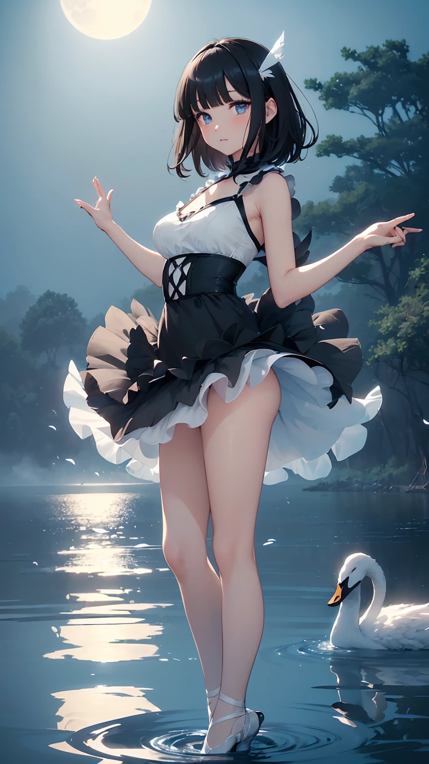 Highest quality, flying debris、Beautiful woman、Black Hair、(Dark blue eyes、Blunt bangs、Blunt bangs)、short hair,Full Body Shot、((Black and blue theme))、Big Breasts 、(Ballet Dancer、Tutu skirt:1.2)、(Brown Hair、Brown eyes)、Long Hair、Magazine Style,Full Body Shot、The lake of swan、break(Gorgeous white and light blue ballet dress:1.2)、break((The lake of swan:1.2))、((night、full moon、The fog is thick.:1.2)),((Standing on the surface of the water,Dancing in the middle of the lake:1.2))、BREAK((feathers scatter:1.2))BREAK((Screen is dark:1.2))、((Dark theme、Darkness Aura:1.3))