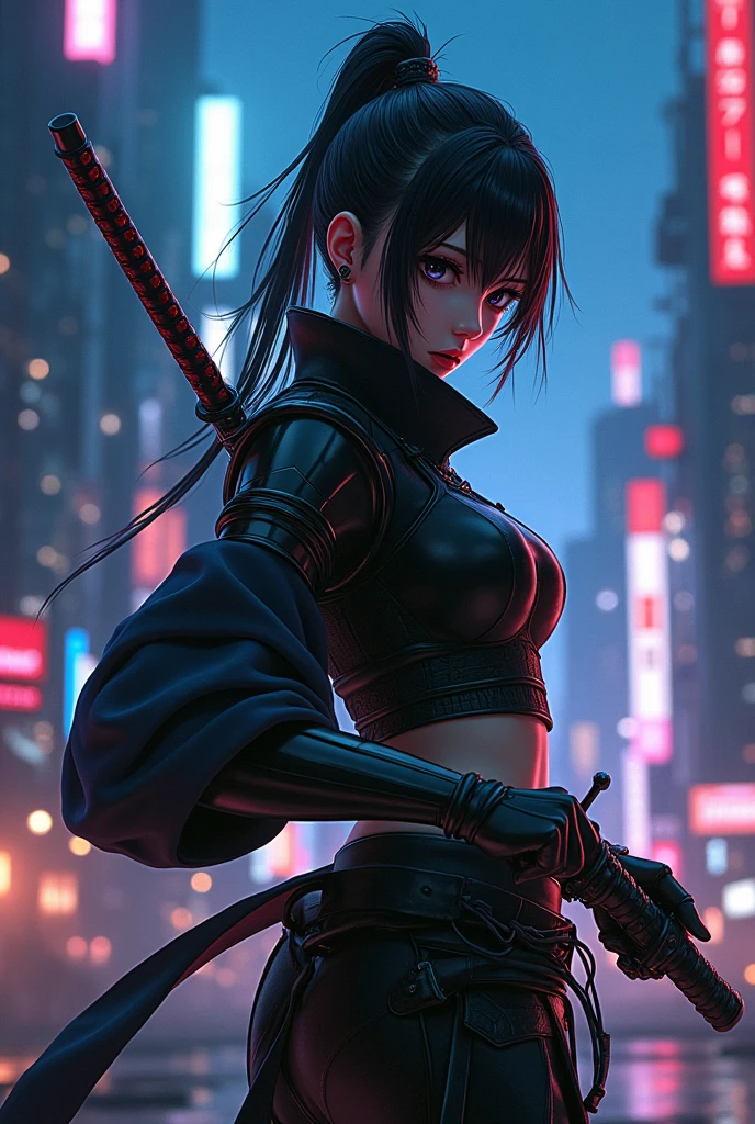 Anime character holding a sword in the night city, Amazing anime 8k, Very beautiful cyberpunk samurai, Anime Style 4k, knife zero video game character, she is holding a knife sword, knife, Artjam and Athi Gairan, dramatic wielding knife pose, Lostrun 8k, unsheathing her knife