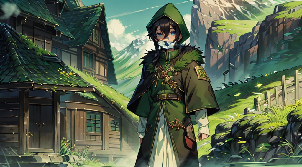 yuichiro hyakuya girl, (WithoutFear:1), 1 girl, black hair, green eyes, brown coat, gray armor, elves, sylvan, green shield, green cloak, dark brown gloves, forest, white fur trim, anime, standing, good quality, portrait, looking at viewer