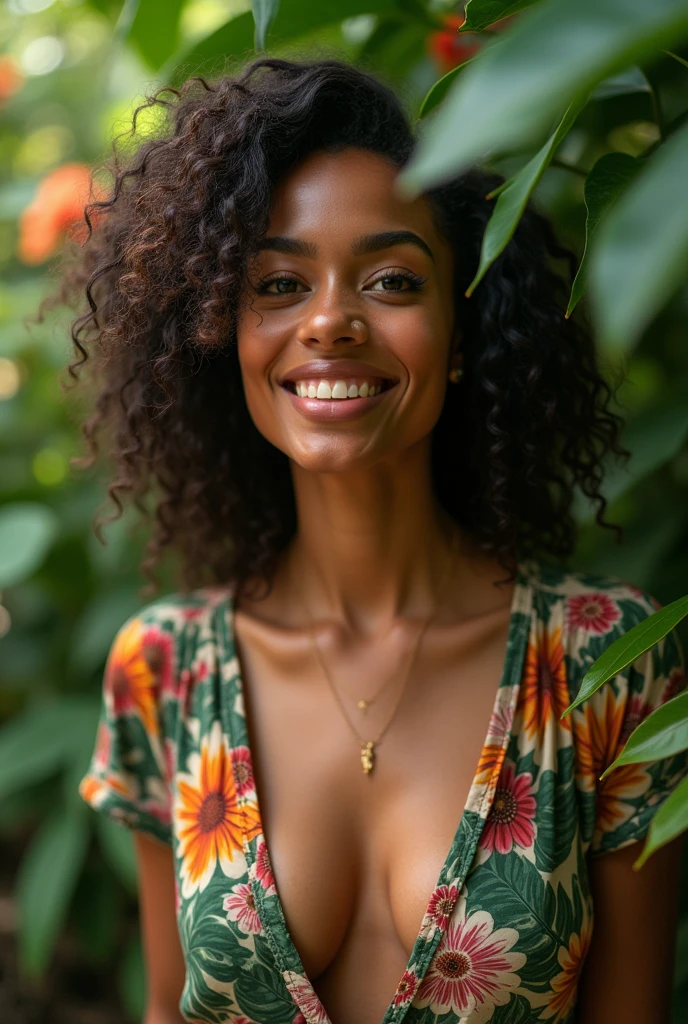 A Brazilian woman in a lush tropical garden, wearing an open shirt with a floral print, with a close-up capturing the harmonious beauty between her breasts and the natural flowers, showing off your natural charm and outgoing personality.