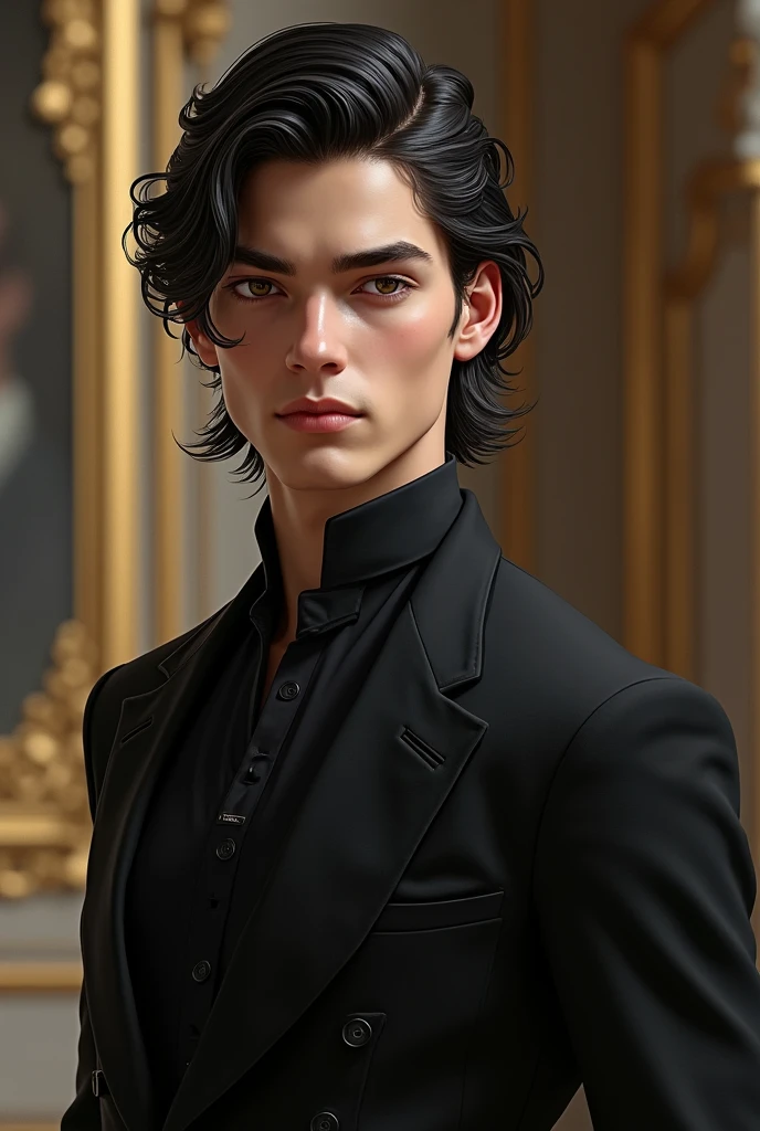 tall slim boy, with semi-long hair, black and white royal with Argentine features 
