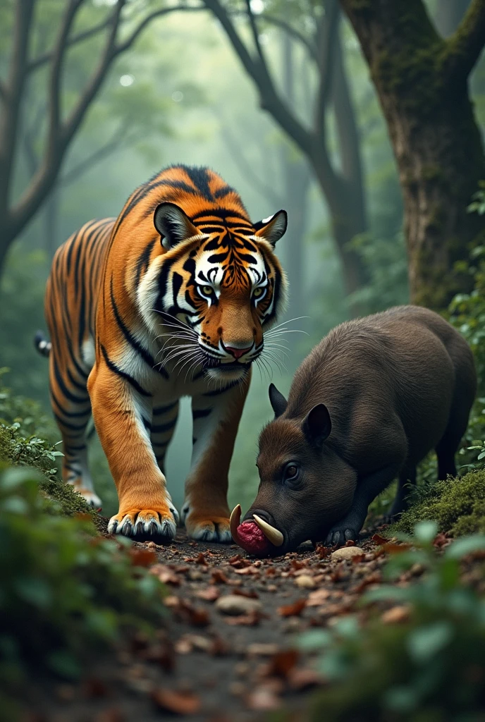 A tiger hunting a wild boar that is more realistically animated eating it again 
