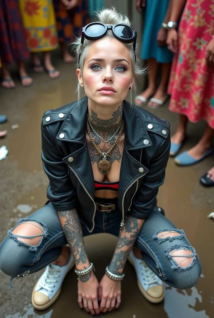 russian milf woman, grey  hair  (top bun, shaved sides),  oversized maxi sunglasses as headband, with very light blue eyes, extremely pale skin. Wearing cropped aged black moto jacket with lots of zippers and pins, flipped up collar. Worn skinny dark low rise blue jeans with patches, wet knees. Black and red tight push up bra, Dirty White tennis sneakers, with bracelets around ankles. Chain around hips like belts. Dirty knees, dirty feet and muddy hands. Wide studded belt. Lots of metallic bracelets, lots of boho pendants and lots of colourful beads collars.. Chains around the hips. Squatting on a puddle with hands on her hips, looking up, chin up, stretching her neck , needy facial expression. Both hands caressing her long neck. Bracelets in ankles and rings in fingers. Black nail polish. studded black leather tote bag with chain on the floor, next to her.. Listening looking up in amazement to somebody speaking to her from the sky, upper teeth visible. Well toned abdominals, thin neck, slim legs and thin arms. Narrow hips Cleavage, stomach, neck, tigh and hands completely covered with tattoos. Dirt street in Kenyan village full of waste. A lot of tanned fat women  in traditional dresses around looking at her. next to her, all her belongings scattered on the floor: tobacco packs, makeup kit, little makeup mirror, studded black leather tote bag, lipstick, wallet, moble etc on the floor, point of view; from above